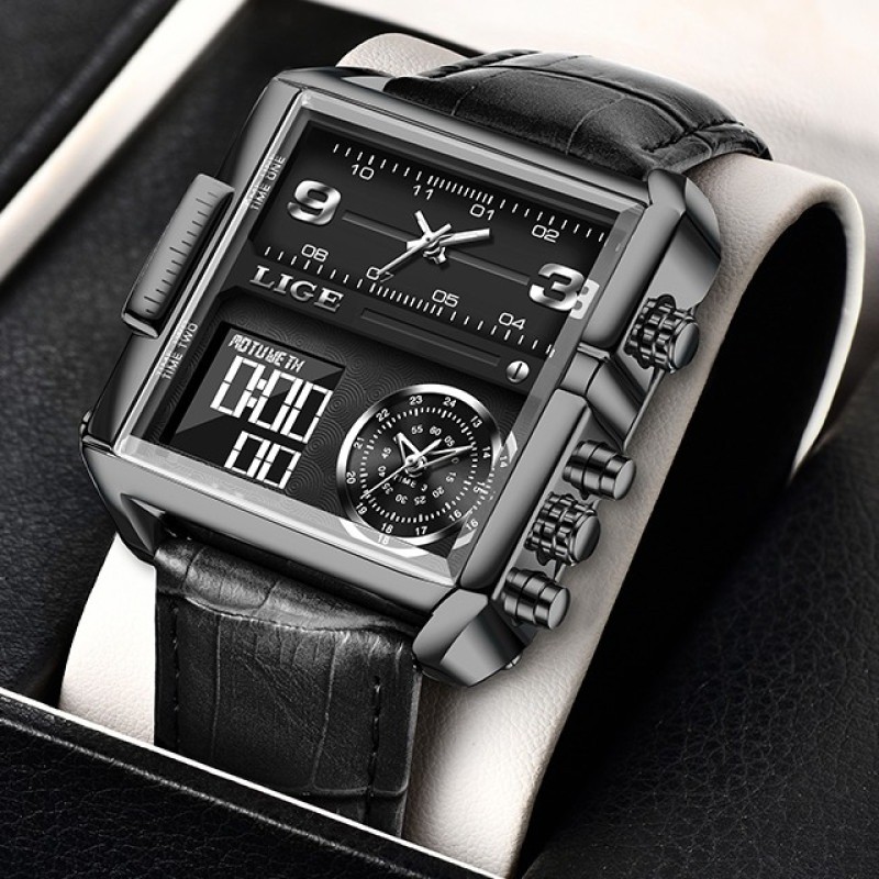 LIGE 8925 Top Brand Luxury Mens Watches Square Digital Sports Quartz Wrist Watch for Men Waterproof Stopwatch Relogio Masculino
